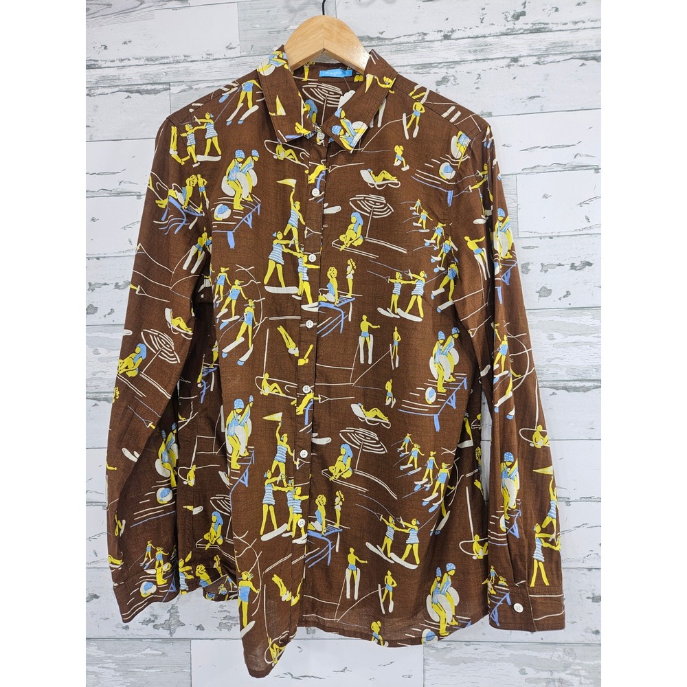 J McLaughlin Brown Cotton Novelty Beach Print Button Down Shirt XL
